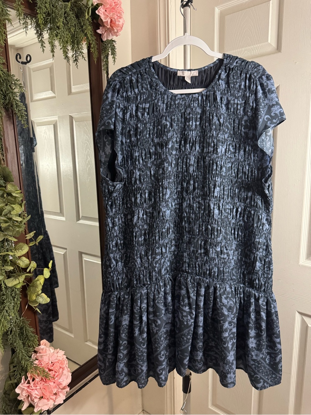Navy Blue Patterned Smocked Dress